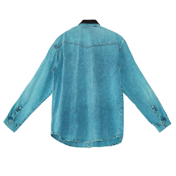 CAMICIA DENIM BLU TURCHESE VINTAGE "COLLETTO IN PELLE"