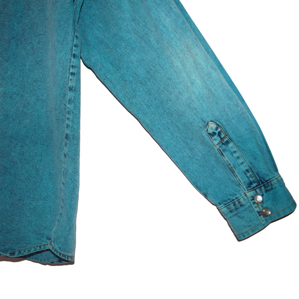CAMICIA DENIM BLU TURCHESE VINTAGE "COLLETTO IN PELLE"